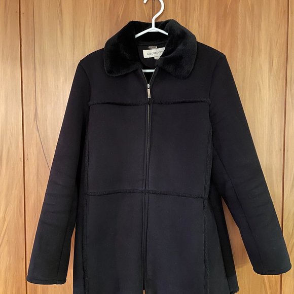 Liz Claiborne Faux Suede and Fur Midi Coat M Black - Picture 2 of 3